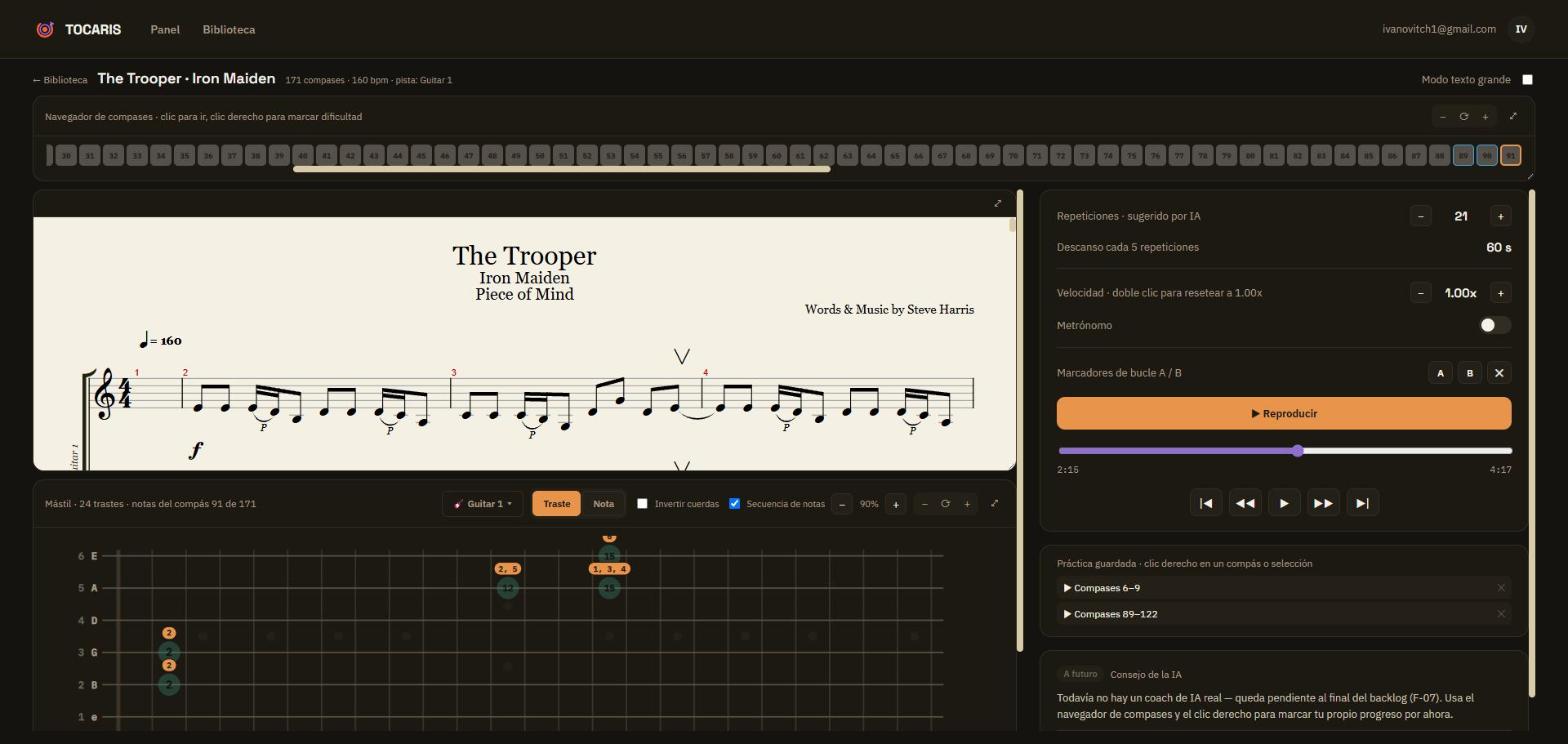 Modo práctica de Tocaris: partitura, tab y mástil interactivo sincronizados